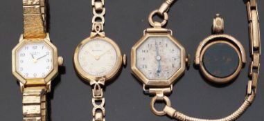 Two 9ct gold ladies wristwatches comprising Recta with Arabic numerals, blued hands,