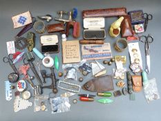 A collection of vintage jewellery boxes, sewing items including spitfire needles,