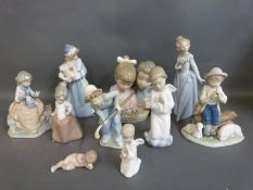 Nao child figures including picking flowers, hockey player,