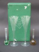 A pair of Heals hand-made glasses in original box together with two glass Whitefriars style control