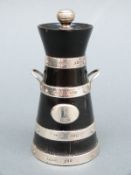 A novelty hallmarked silver-bound turned wooden pepper mill in the form of a milk churn,