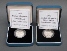 Royal Mint cased silver proof £1 coin 1994, together with a 1995 example,