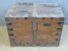 A 19thC metal bound pine silver chest/trunk with velvet lined multisection lift out trays with