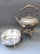 Mappin & Webb plated dish and a plated spirit kettle, height 39cm, and an Art Nouveau style bowl,