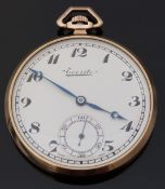 Everite 9ct gold open faced keyless winding pocket watch with inset subsidiary seconds dial,