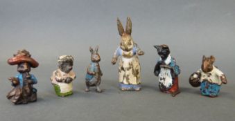 Six cold painted miniature Austrian cold painted Bronze Beatrix Potter figurines including Mrs.