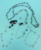 Silver necklaces variously set with moonstone, labradorite and quartz, silver heart pendant,