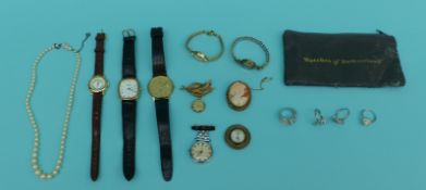 A collection of watches and costume jewellery to include a pearl necklace, a Rotary watch,