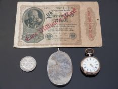 A continental white metal ladies fob watch together with a moss agate brooch.
