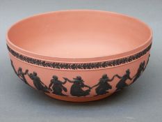 Wedgwood Japanese pedestal bowl in terracotta colourway and dancing hours pattern,