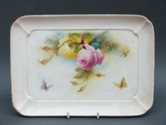 Royal Worcester porcelain tray decorated with roses, signed Hunt, puce mark to base,