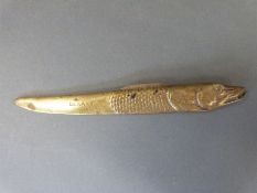 Brass letter opener in the form of a fish, stamped Dinant,