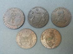 Five 18thC Conder type tokens to include Maidstone halfpenny, Irish Miner's halfpenny,