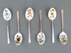 A set of six hallmarked silver and floral enamel teaspoons, B'ham 1971, maker Royal Irish Silver Co,