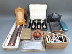 A quantity of items including 1914 tin, camera, treen jockey's cap,