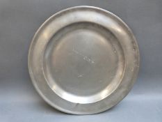 An 18thC pewter charger by Allen Bright,