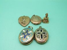 Two Victorian lockets with chased decoration and enamel detail,