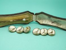 A set of six intaglio buttons with pheasant decoration and a pearl stick pin in original box