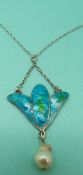 An Arts & Crafts silver necklace set with blue and green enamel and a drop pearl in Liberty style