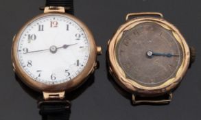 Two 9ct gold ladies wristwatches, one with Arabic numerals, black hands and white enamel dial,
