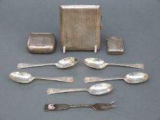 A hallmarked silver cigarette case, silver vesta and a snuff box,