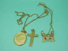Three 9ct gold pendants and a 9ct gold chain (8.