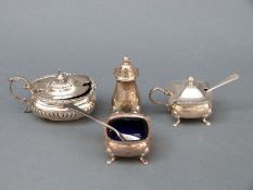 An Elizabeth II hallmarked silver three-piece cruet set comprising open salt, mustard and pepper,