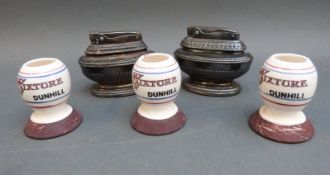 Three matchstick holders or table vestas marked 'My Mixture Dunhill' together with two Ronson table
