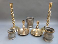 A pair of brass hollow twist chamber sticks, height 30cm,
