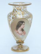 19thC Bohemian glass vase with hand printed enamel portrait of a lady and gilt decoration, 14.