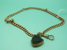 A 9ct rose gold graduated Albert with a shield shaped locket set with blood stone and agate , 45.