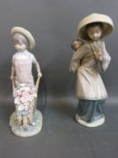 Two Lladro figures, one a Chinese lady with a baby on her back,