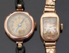 Two 9ct gold ladies wristwatches, one with Arabic numerals, blued hands and gold engine turned face,