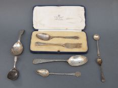 A cased Mappin & Webb hallmarked silver spoon and fork set and a quantity of early 19thC and later