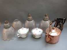 Four glass lights, two large and two small, together with a copper kettle,