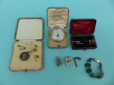 A quantity of jewellery to include white metal Victorian bracelet, Roamer pocket watch, painted pin,