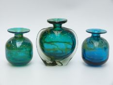 Three Mdina glass vases two with original labels, each signed to the bases,