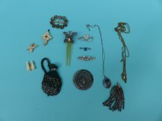 A 19thC cut steel buckle, cut steel hair slide in the form of a butterfly, miser purse, stanhopes,