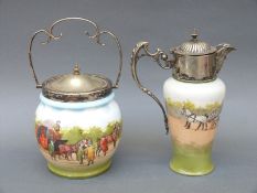 Royal Doulton coaching Seriesware biscuit barrel and mask jug with plated mounts,