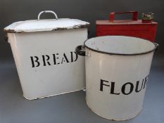 A vintage Shell 2 gallon petrol can, a copper beaten coal bucket enamelled bread bin,