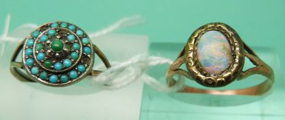 A Victorian ring set with an oval opal cabochon and a Victorian ring set with turquoise cabochons