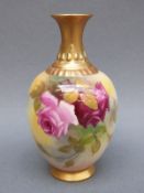 Royal Worcester pedestal vase decorated with roses, signed M Hunt, shape H286, puce mark to base,