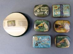 Six vintage gramophone needle tins some with contents including HMV,