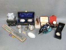 A quantity of collectables including hallmarked silver mustard, studs, Poole Dolphin,