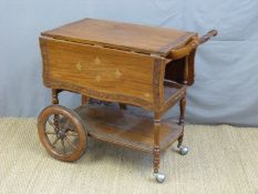 A brass inlaid hardwood trolley/table with drop leaves,