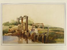 J B Pyne watercolour fisherman by a dam with traps, 27 x 43cm,