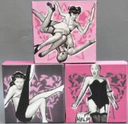 Three mixed media oil on canvas 'Copyright, Glamour' by Orpus Art with certificate, each 12.5 x 12.