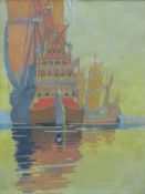 Art Deco watercolour of a galleon signed possibly V.