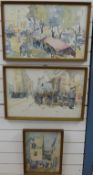 Three Murray Urquhart framed watercolours of French street scenes, one dated 1930,