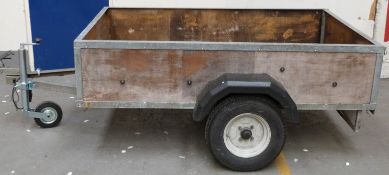 A single axle galvanised car trailer with lights and safety wire and new jockey wheel,